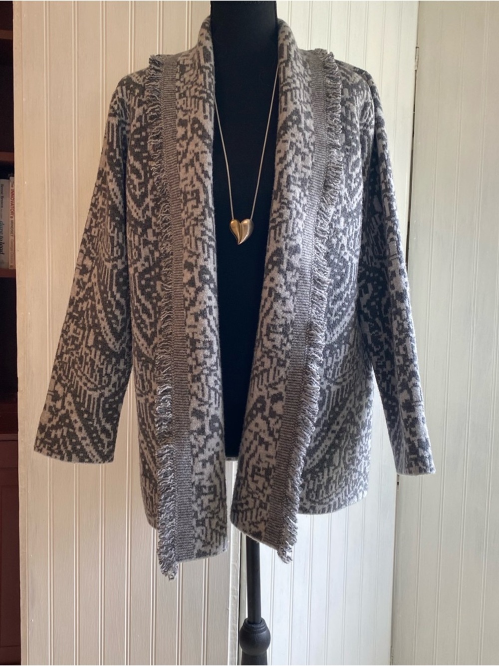 Pure Jill Printed Jacquard Fringed Open-Front Gray Sweater Cardigan size M